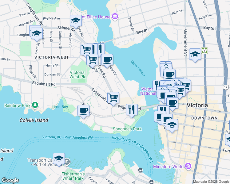 map of restaurants, bars, coffee shops, grocery stores, and more near 361 Tyee Road in Victoria