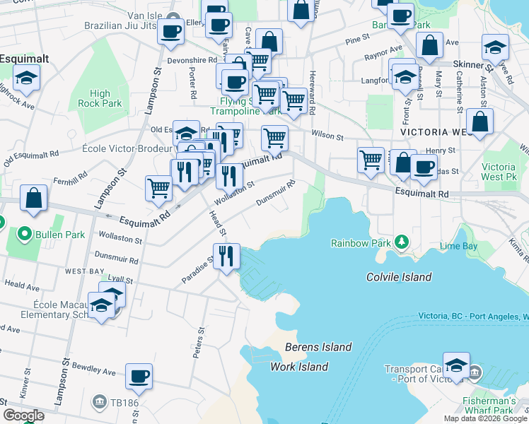 map of restaurants, bars, coffee shops, grocery stores, and more near 847 Dunsmuir Road in Victoria