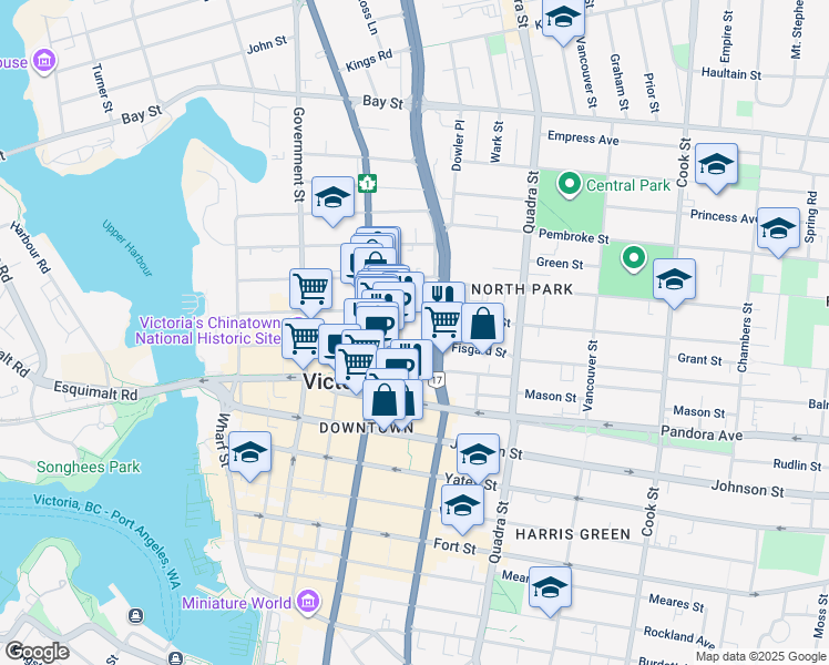 map of restaurants, bars, coffee shops, grocery stores, and more near in Victoria