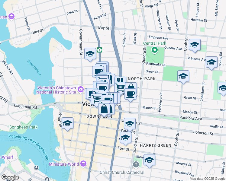 map of restaurants, bars, coffee shops, grocery stores, and more near 780 Fisgard Street in Victoria