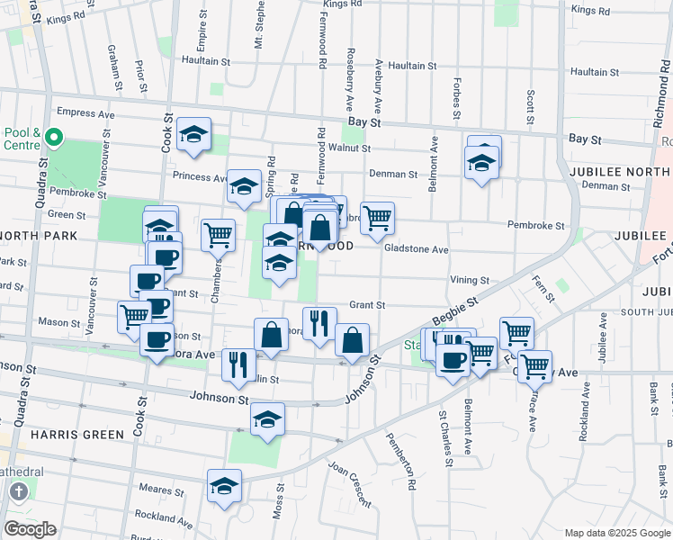 map of restaurants, bars, coffee shops, grocery stores, and more near 1809 Fernwood Road in Victoria