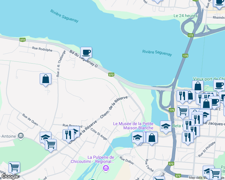 map of restaurants, bars, coffee shops, grocery stores, and more near 397 Rue Jobin in Saguenay