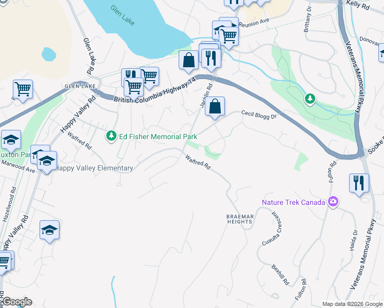 map of restaurants, bars, coffee shops, grocery stores, and more near 923 Walfred Road in Victoria
