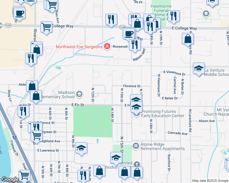 map of restaurants, bars, coffee shops, grocery stores, and more near 1010 North 14th Street in Mount Vernon