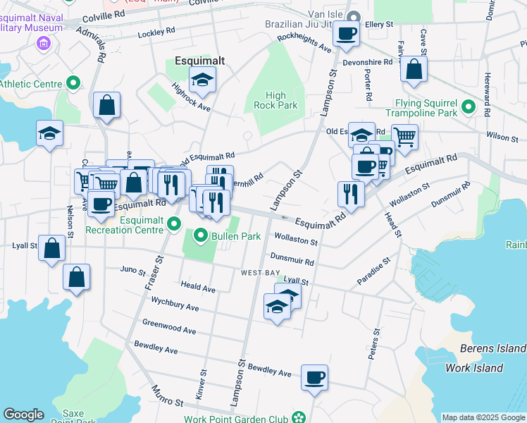 map of restaurants, bars, coffee shops, grocery stores, and more near 1104 Esquimalt Road in Victoria