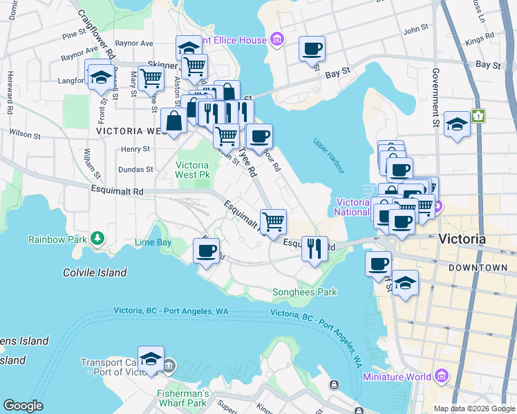 map of restaurants, bars, coffee shops, grocery stores, and more near in Victoria