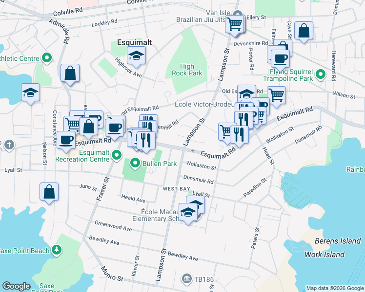 map of restaurants, bars, coffee shops, grocery stores, and more near in Victoria
