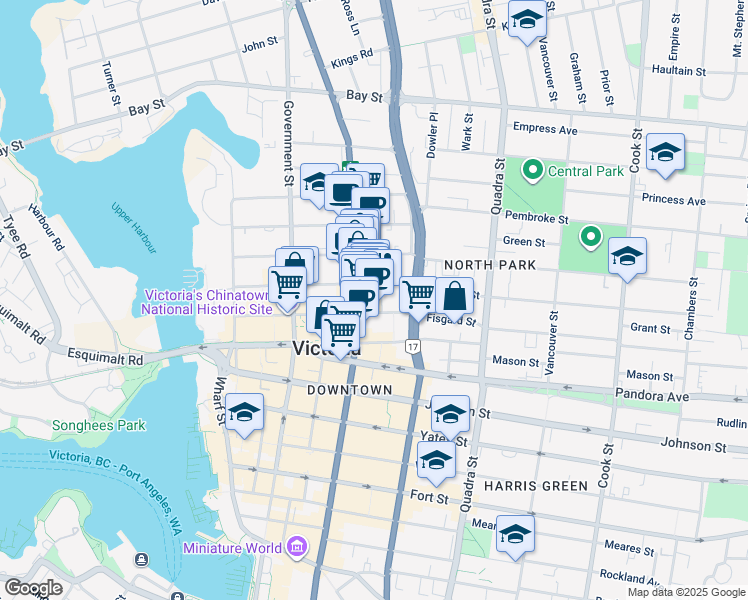 map of restaurants, bars, coffee shops, grocery stores, and more near 770 Fisgard Street in Victoria