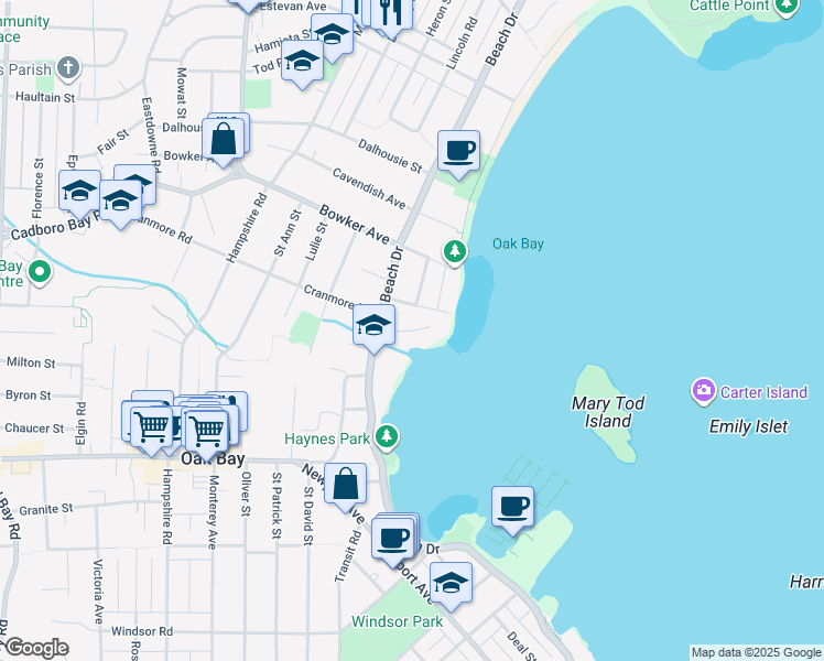 map of restaurants, bars, coffee shops, grocery stores, and more near Somass Drive in Victoria