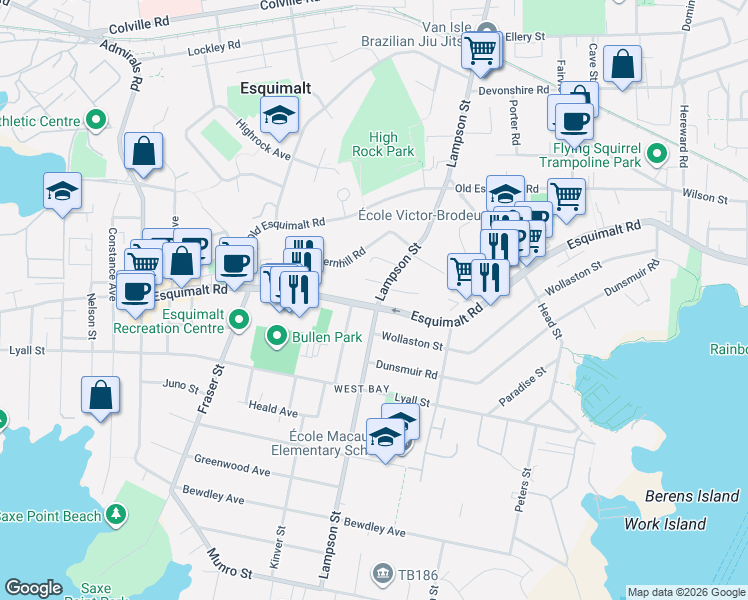 map of restaurants, bars, coffee shops, grocery stores, and more near in Victoria