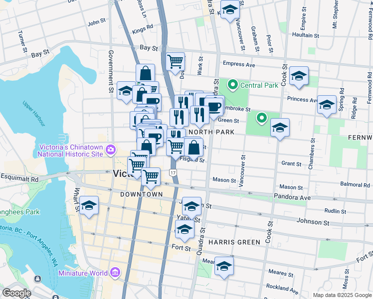 map of restaurants, bars, coffee shops, grocery stores, and more near in Victoria