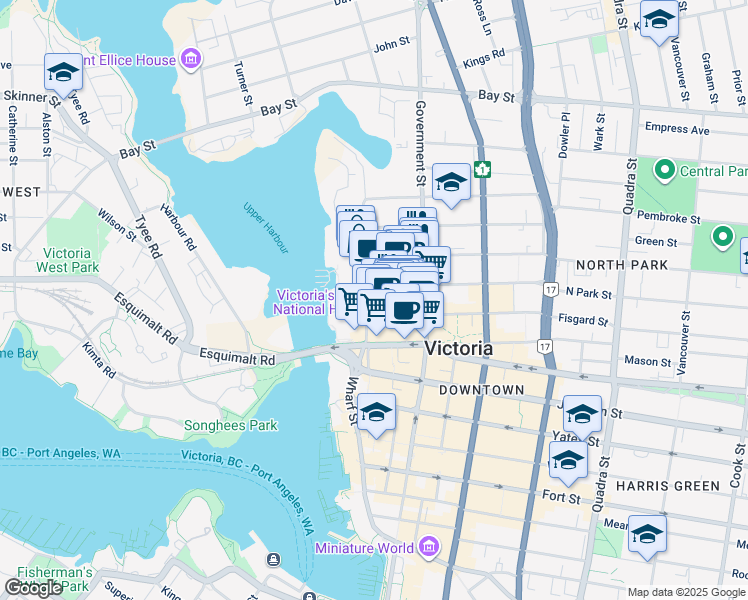 map of restaurants, bars, coffee shops, grocery stores, and more near in Victoria