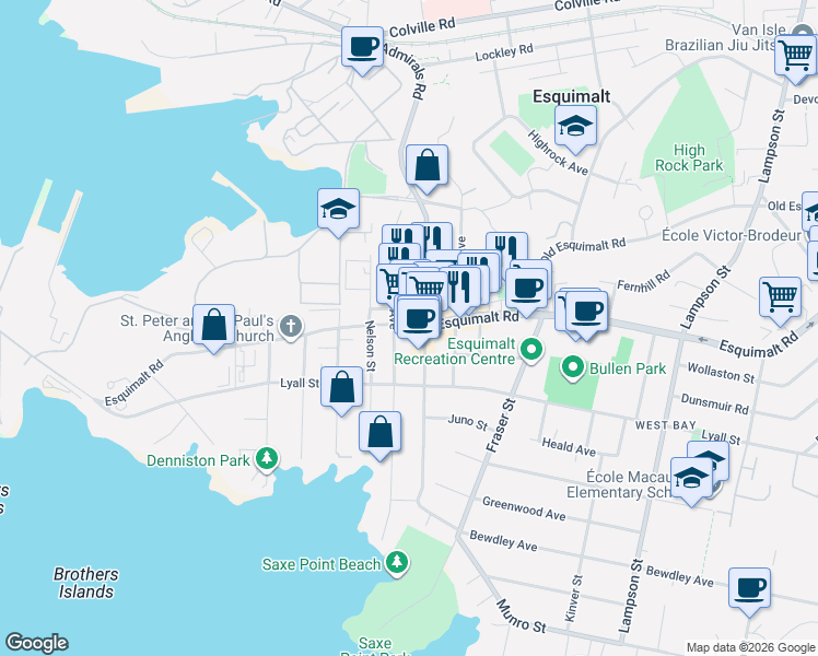 map of restaurants, bars, coffee shops, grocery stores, and more near 622 Admirals Road in Victoria