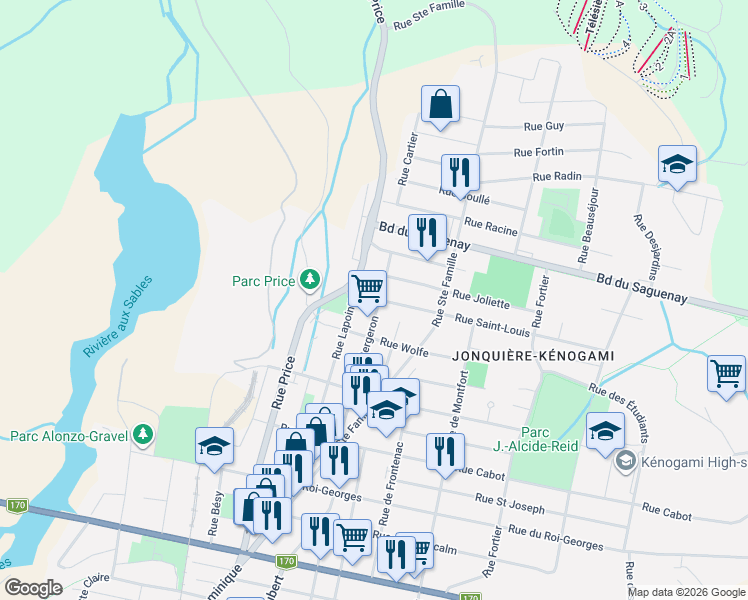 map of restaurants, bars, coffee shops, grocery stores, and more near 1840 Rue Bergeron in Saguenay
