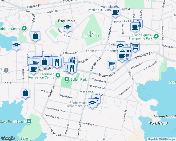 map of restaurants, bars, coffee shops, grocery stores, and more near 1125 Norma Court in Victoria