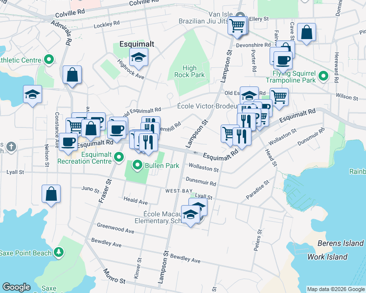 map of restaurants, bars, coffee shops, grocery stores, and more near in Victoria