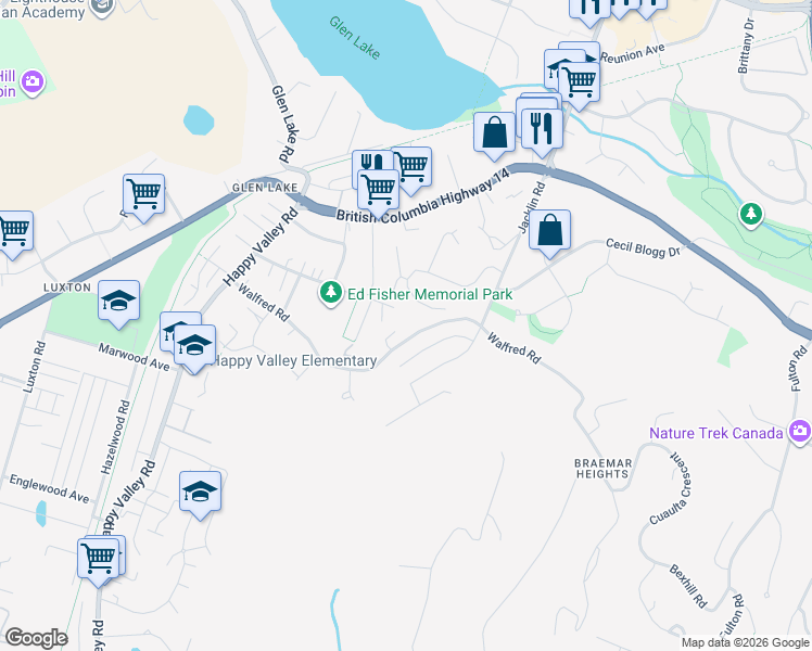 map of restaurants, bars, coffee shops, grocery stores, and more near 2670 Ernhill Place in Victoria