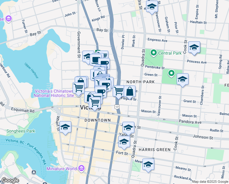 map of restaurants, bars, coffee shops, grocery stores, and more near 1810 Blanshard Street in Victoria
