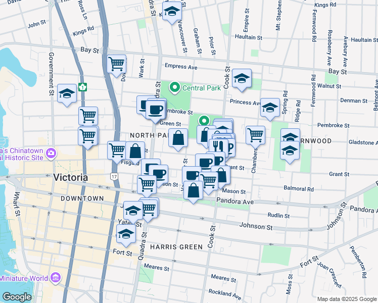 map of restaurants, bars, coffee shops, grocery stores, and more near 1002 North Park Street in Victoria