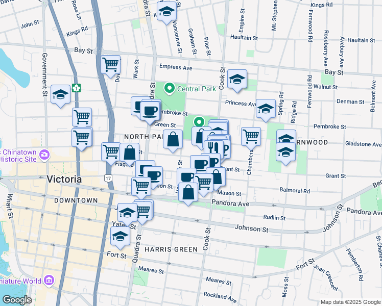 map of restaurants, bars, coffee shops, grocery stores, and more near in Victoria