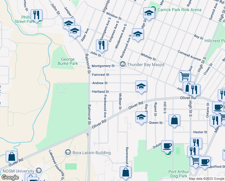 map of restaurants, bars, coffee shops, grocery stores, and more near 578 Hartland Street in Thunder Bay