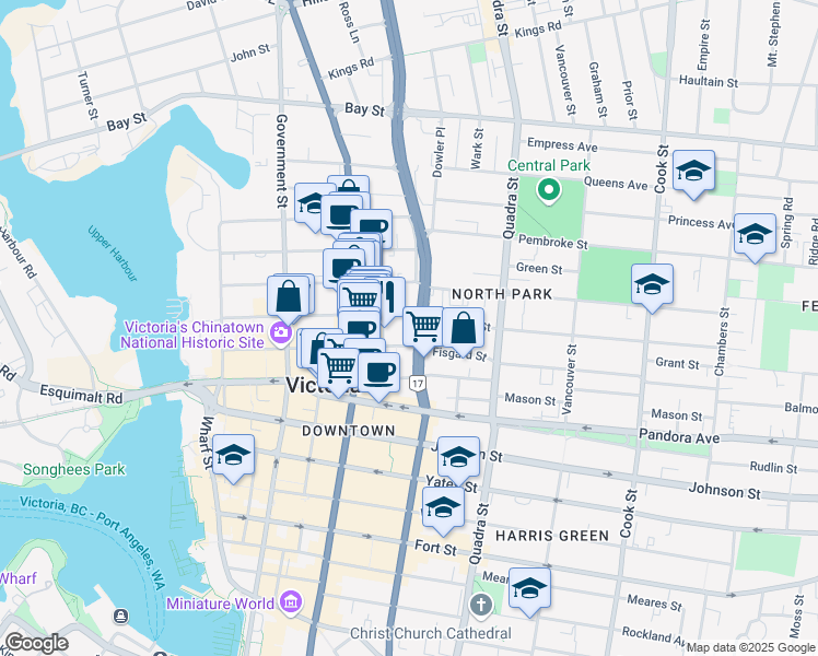 map of restaurants, bars, coffee shops, grocery stores, and more near 1810 Blanshard Street in Victoria