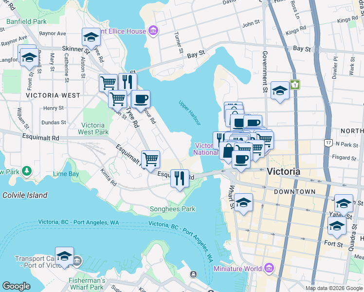 map of restaurants, bars, coffee shops, grocery stores, and more near 335 Harbour Road in Victoria