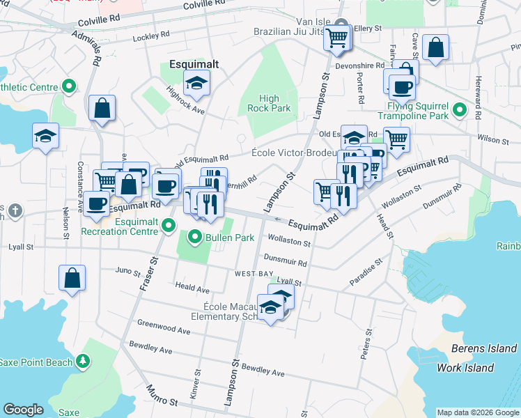 map of restaurants, bars, coffee shops, grocery stores, and more near in Victoria