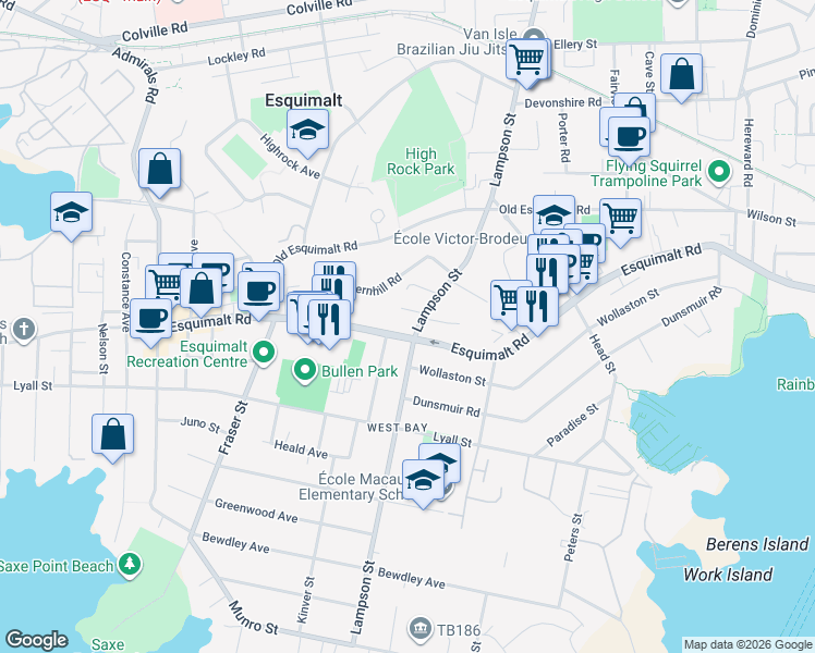 map of restaurants, bars, coffee shops, grocery stores, and more near in Victoria