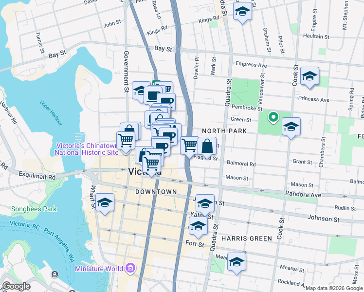 map of restaurants, bars, coffee shops, grocery stores, and more near 1700 Blanshard Street in Victoria