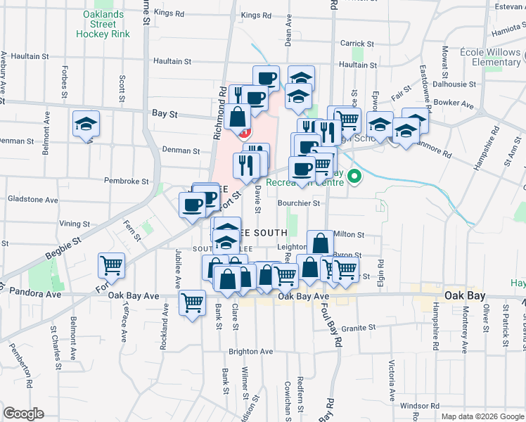 map of restaurants, bars, coffee shops, grocery stores, and more near 1751 Davie Street in Victoria