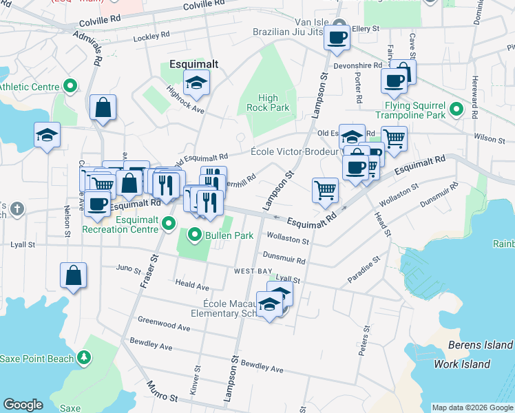 map of restaurants, bars, coffee shops, grocery stores, and more near 1125 Norma Court in Victoria