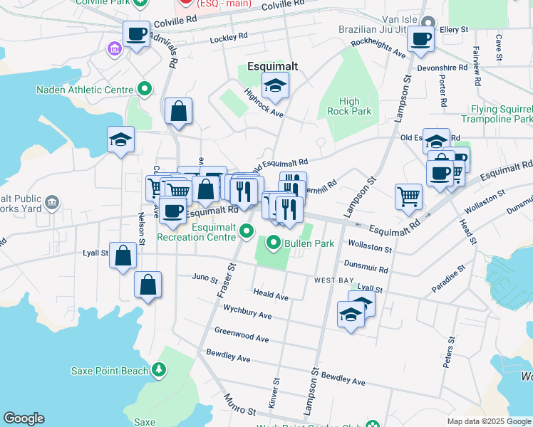map of restaurants, bars, coffee shops, grocery stores, and more near 1177 Esquimalt Road in Victoria