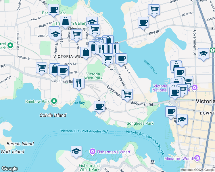 map of restaurants, bars, coffee shops, grocery stores, and more near 251 Esquimalt Road in Victoria