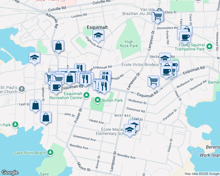 map of restaurants, bars, coffee shops, grocery stores, and more near 611 Fernhill Road in Victoria