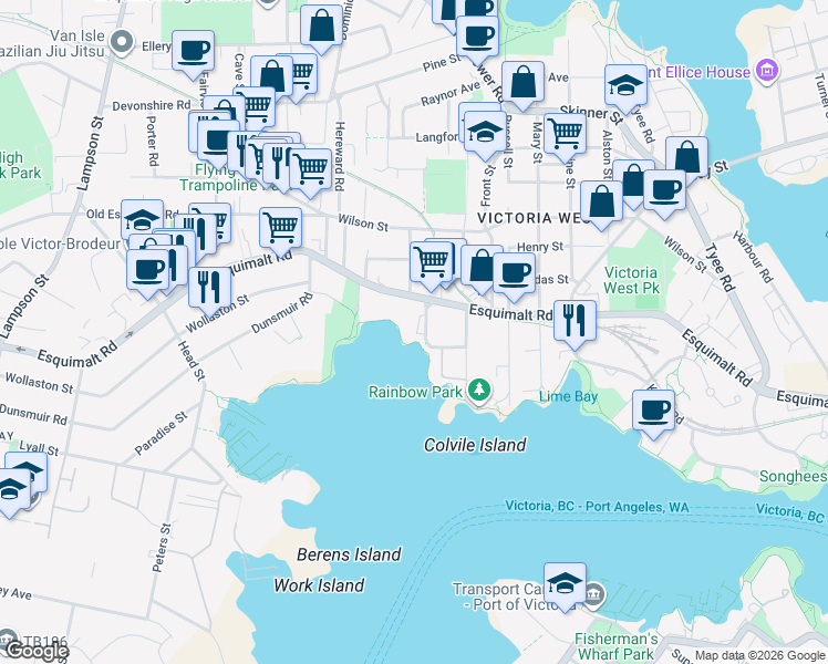 map of restaurants, bars, coffee shops, grocery stores, and more near 701 Esquimalt Road in Victoria