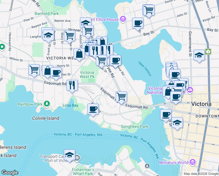 map of restaurants, bars, coffee shops, grocery stores, and more near Sitkum Road in Victoria