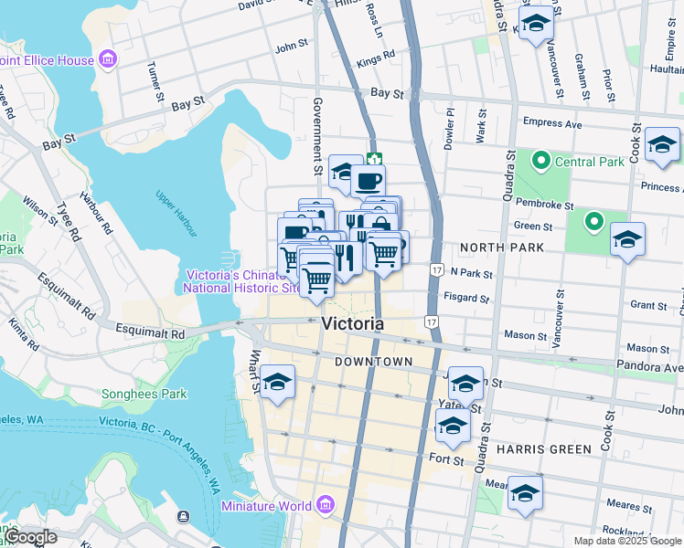 map of restaurants, bars, coffee shops, grocery stores, and more near 613 Herald Street in Victoria
