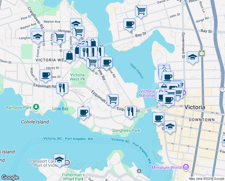 map of restaurants, bars, coffee shops, grocery stores, and more near in Victoria