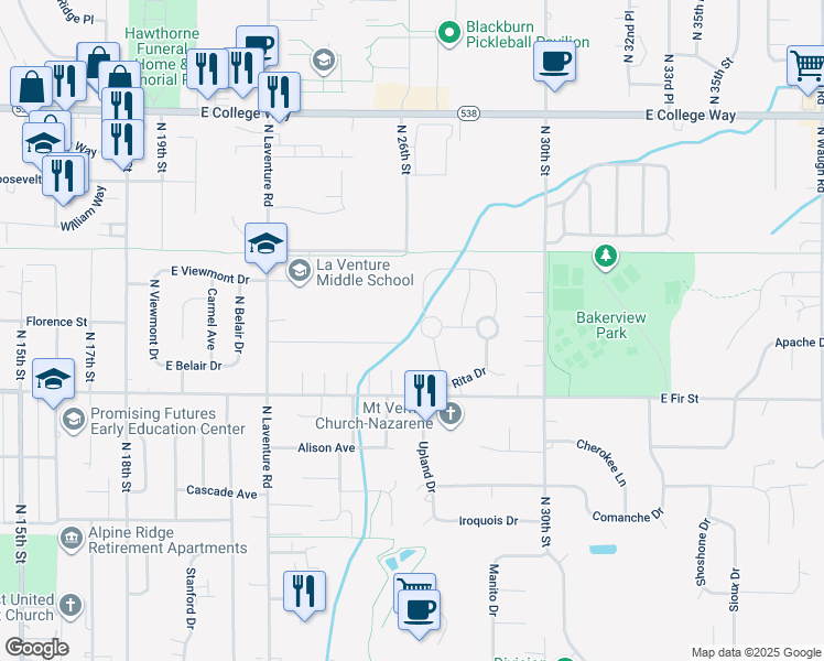 map of restaurants, bars, coffee shops, grocery stores, and more near 2725 East Fir Street in Mount Vernon