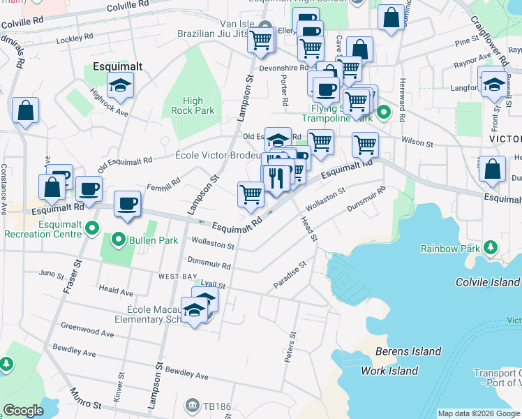 map of restaurants, bars, coffee shops, grocery stores, and more near 904 Carlton Terrace in Victoria