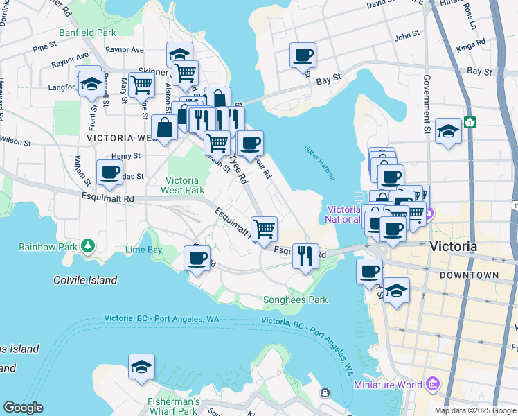 map of restaurants, bars, coffee shops, grocery stores, and more near in Victoria