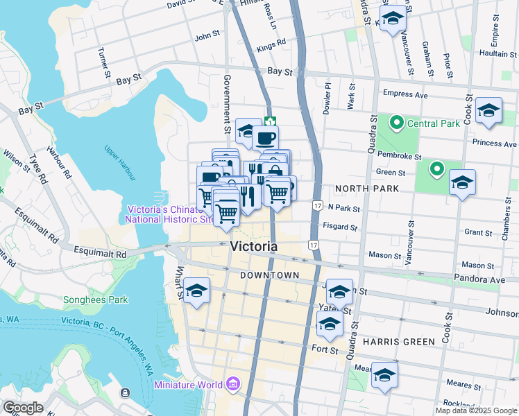 map of restaurants, bars, coffee shops, grocery stores, and more near 648 Herald Street in Victoria