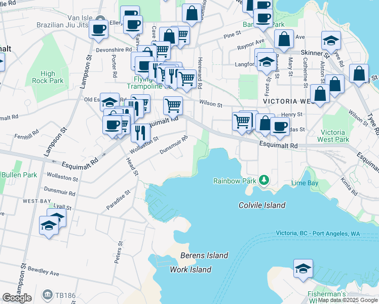 map of restaurants, bars, coffee shops, grocery stores, and more near 831 Dunsmuir Road in Victoria