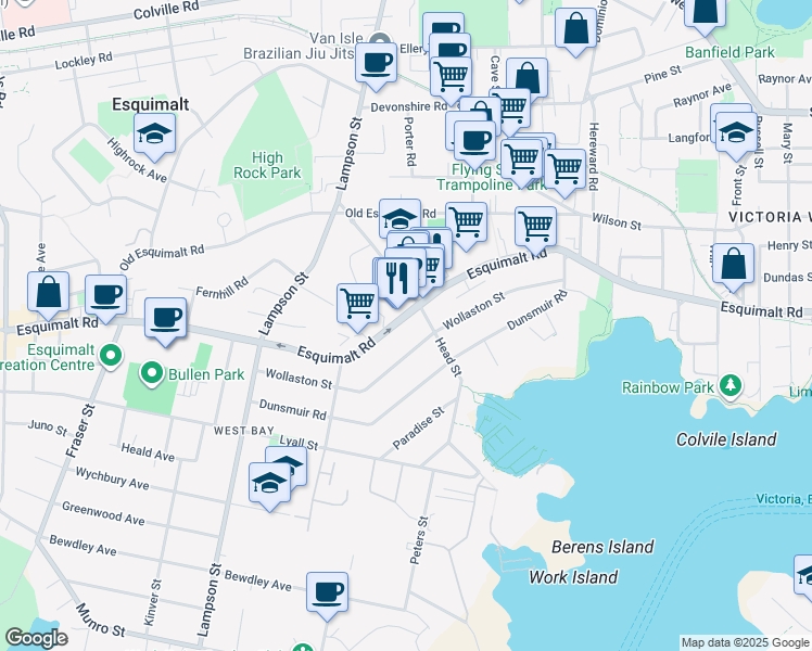 map of restaurants, bars, coffee shops, grocery stores, and more near 925 Esquimalt Road in Victoria