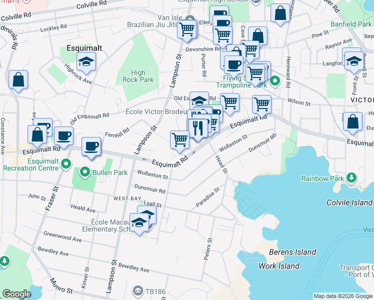 map of restaurants, bars, coffee shops, grocery stores, and more near 924 Esquimalt Road in Victoria