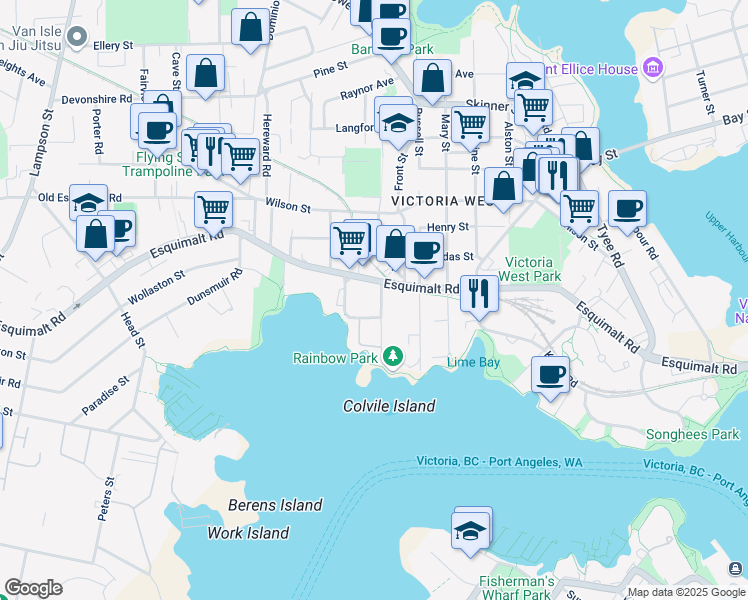 map of restaurants, bars, coffee shops, grocery stores, and more near 310 Robert Street in Victoria