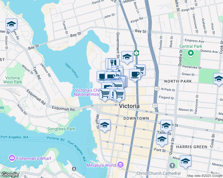 map of restaurants, bars, coffee shops, grocery stores, and more near 1717 Government Street in Victoria