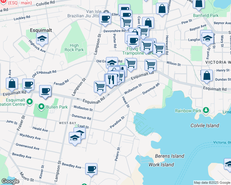 map of restaurants, bars, coffee shops, grocery stores, and more near 899 Esquimalt Road East in Victoria
