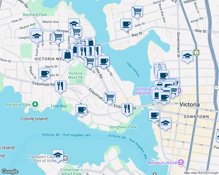 map of restaurants, bars, coffee shops, grocery stores, and more near in Victoria